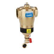 Brass DirtMagPRO 2" FNPT dirt separator with female threaded ports, blue Caleffi label, and red isolation valve.