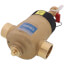 Brass magnetic dirt separator with red valve handle and blue top section, 1-1/4 inch connection.