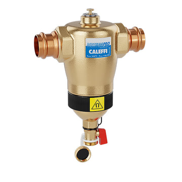 Caleffi DirtMagPRO brass separator with copper press connections, shut-off valve, and yellow warning label.