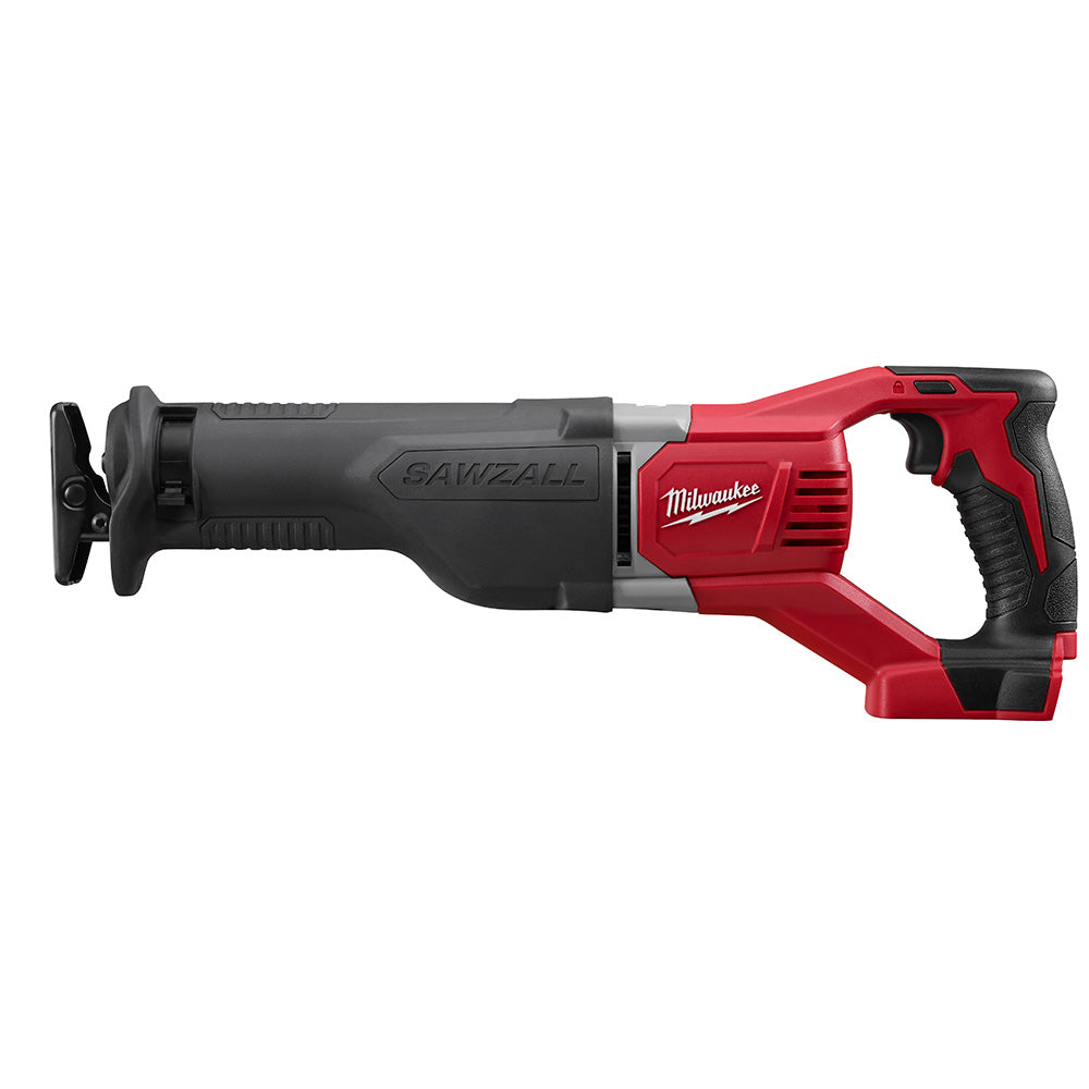 Red and black Milwaukee M18 SAWZALL reciprocating saw with grip handle and blade attachment, viewed from the side.