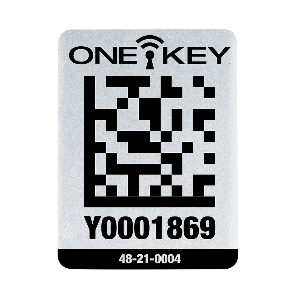 Silver rectangular metal asset tag with ONE-KEY logo, QR code, asset ID number Y0001869, and model number 48-21-0004.