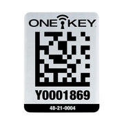 Silver rectangular metal asset tag with ONE-KEY logo, QR code, asset ID number Y0001869, and model number 48-21-0004.