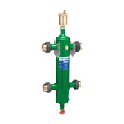 Caleffi hydro separator with green cylindrical body, brass fittings, and press union connections on all sides.