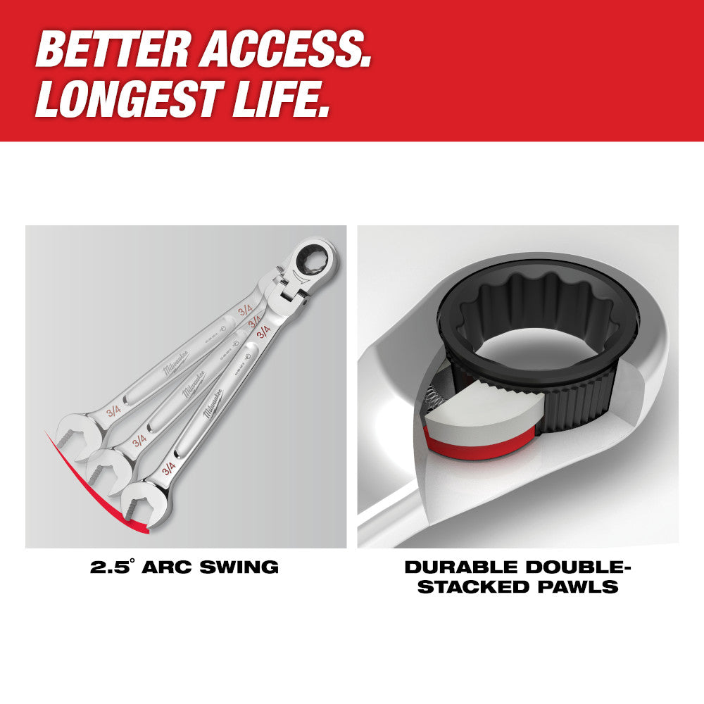 Milwaukee 24MM flex head ratcheting combination wrench with 2.5° arc swing and double-stacked pawls.