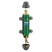 Green hydraulic separator with brass connections, four side ports, magnetic top cap, and collection bowl at base.