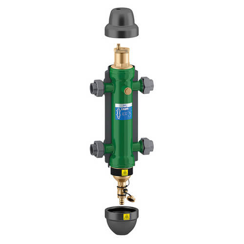 Green hydraulic separator with brass connections, four side ports, magnetic top cap, and collection bowl at base.