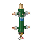 Green manifold with four copper press connections, brass top valve, and drain outlet at bottom.