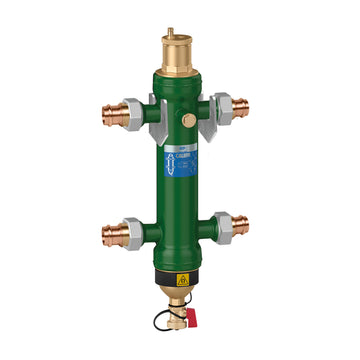 Green manifold with four copper press connections, brass top valve, and drain outlet at bottom.