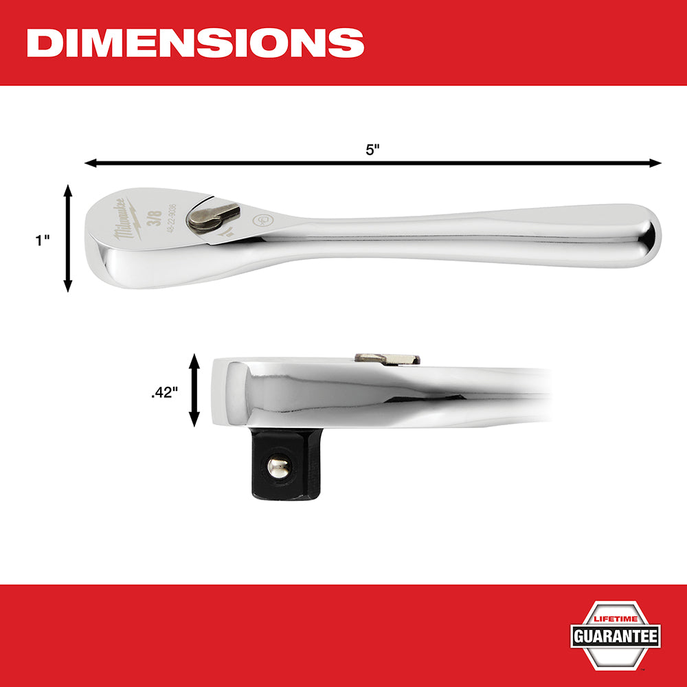 Chrome 3/8" drive ratchet with 5" length and black grip, shown from top and side angles with dimension measurements.