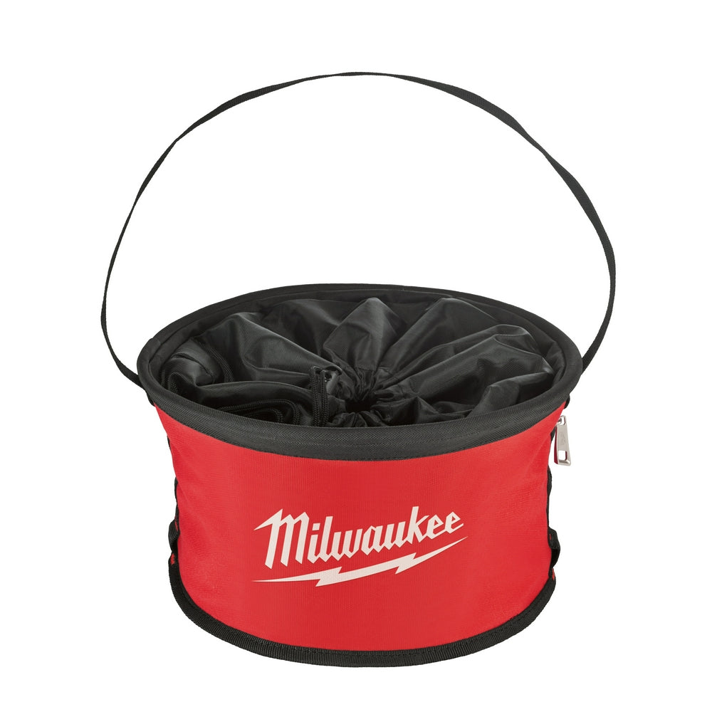 Red and black cylindrical organizer bag with handle and black interior compartments.
