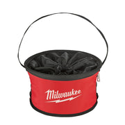 Red and black cylindrical organizer bag with handle and black interior compartments.