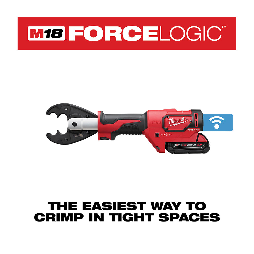 Milwaukee M18 FORCE LOGIC red and black cordless crimping tool with jaw head and attached battery pack.