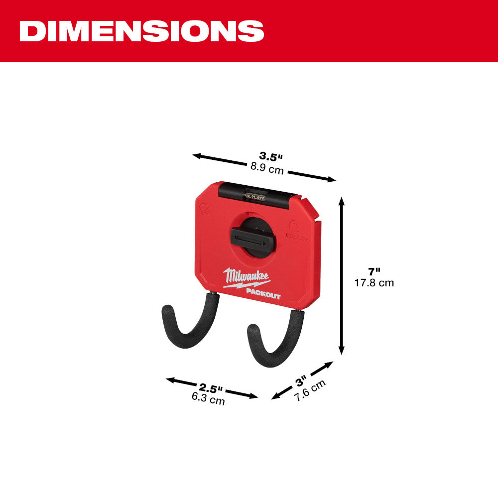Red Milwaukee PACKOUT storage hook with two black curved hooks and dimension measurements displayed.