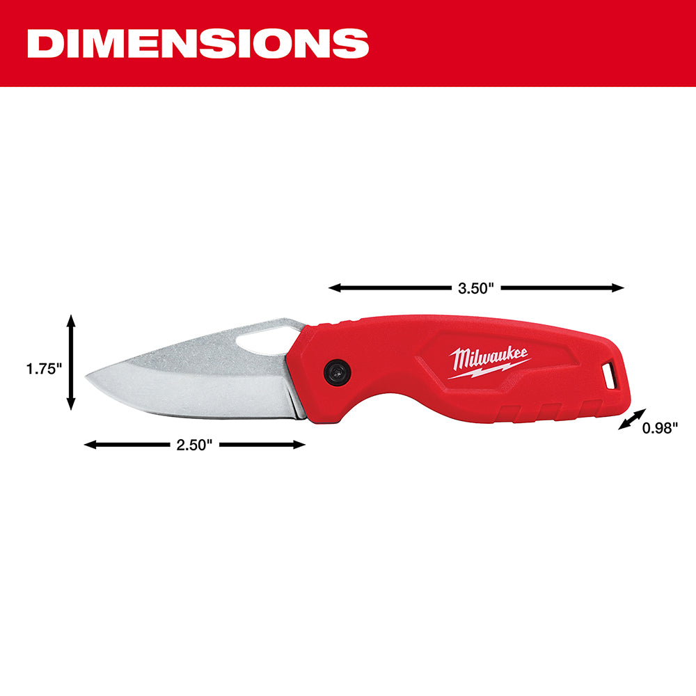Milwaukee compact folding knife with red handle, silver blade, 3.50" closed length, 2.50" blade length.