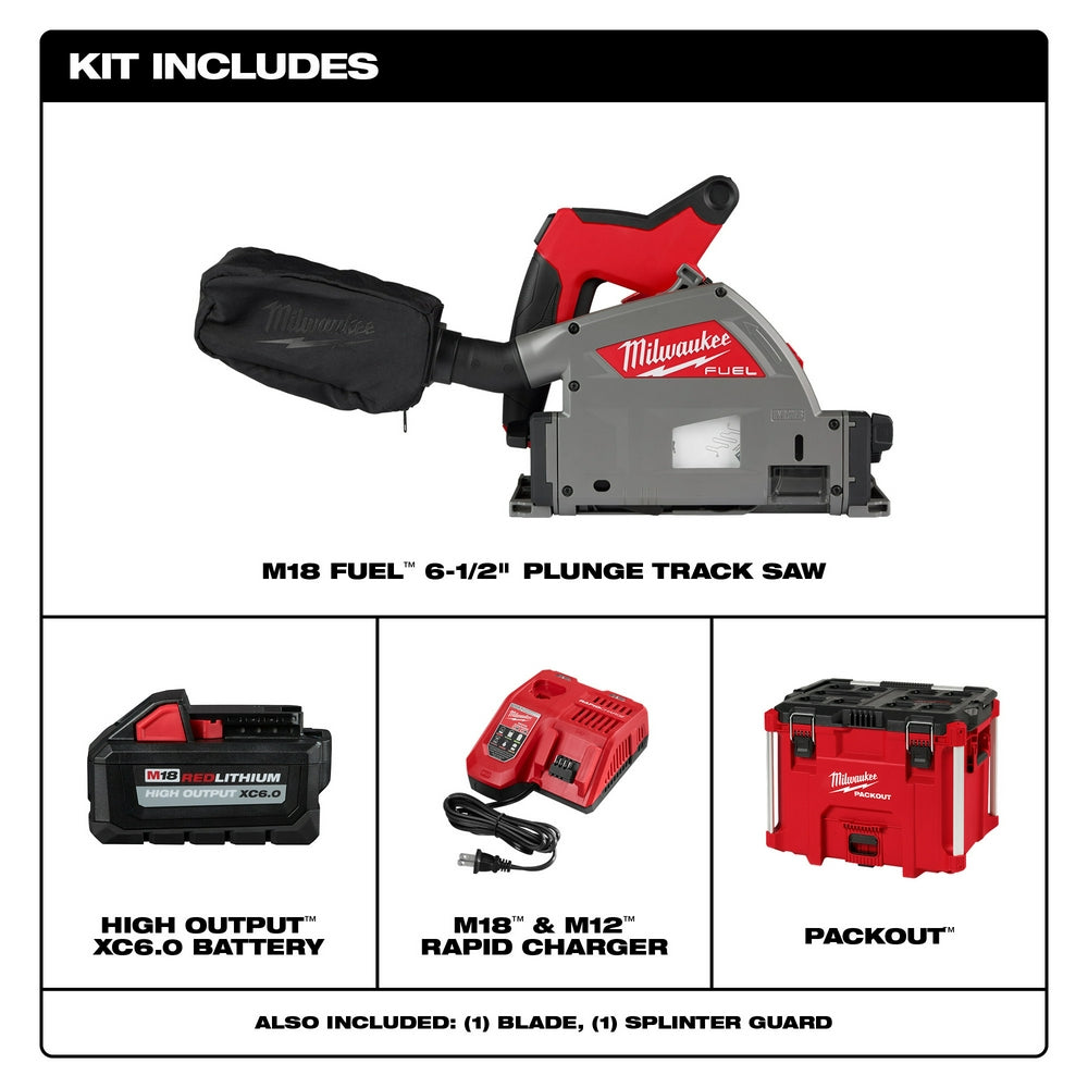 Milwaukee M18 FUEL plunge track saw kit with red and black saw, XC6.0 battery, rapid charger, and red Packout case.