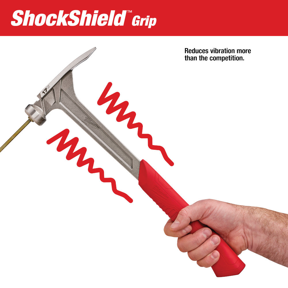 Milwaukee framing hammer with smooth face, metal head, and red ShockShield grip held in hand.