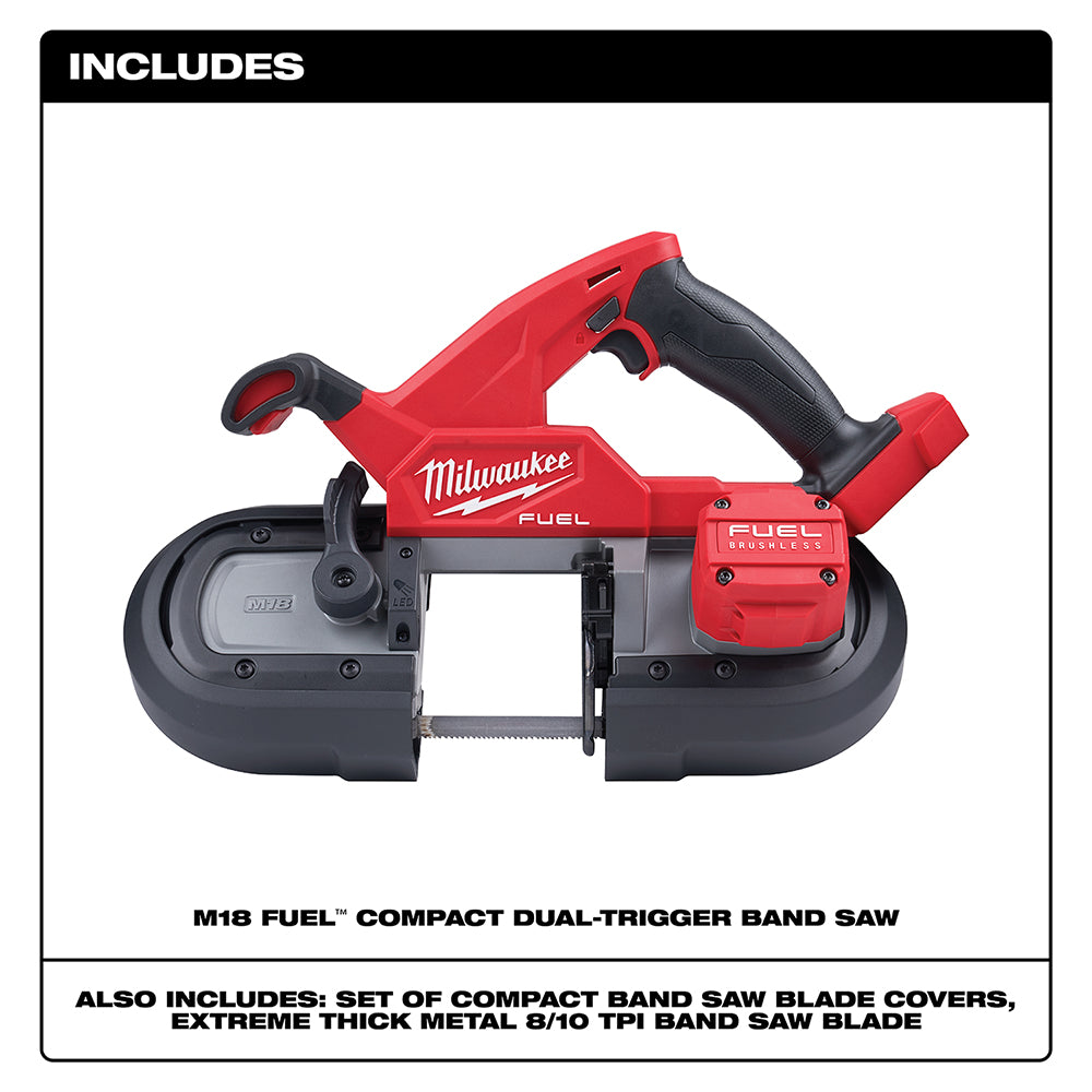 Red and black M18 FUEL compact band saw with dual-trigger handles and metal cutting blade visible.