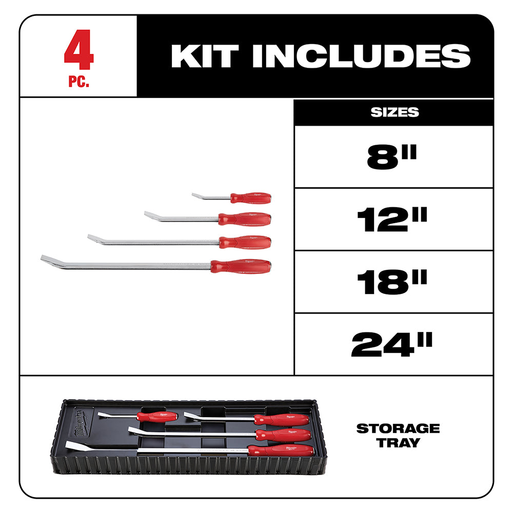 Four pry bars with red handles in 8", 12", 18", and 24" sizes, displayed with black storage tray.