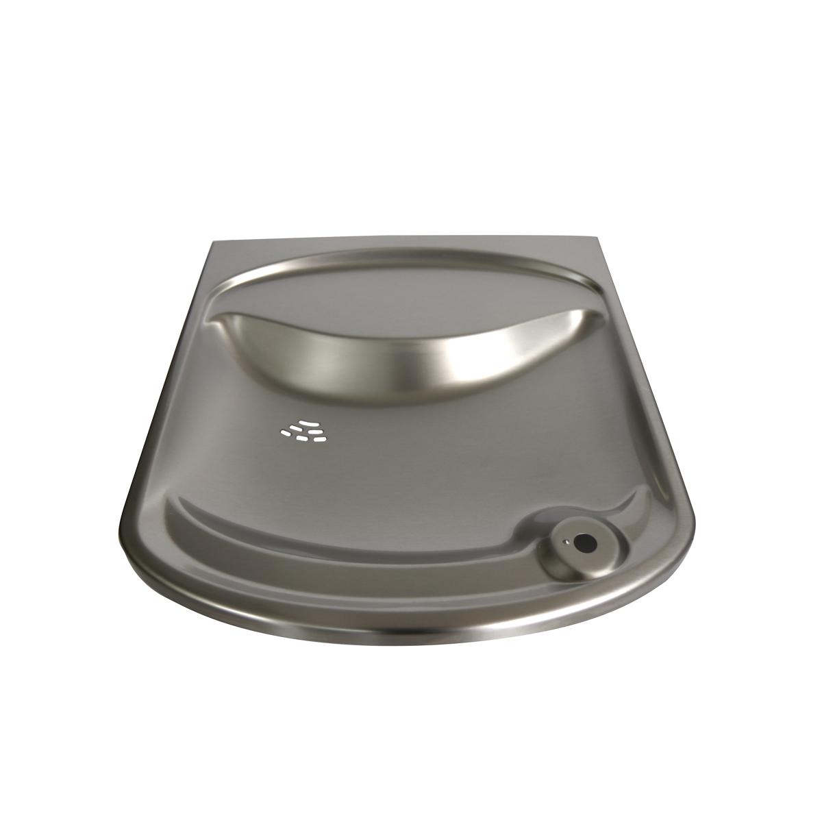 Stainless steel basin with curved rim and drain outlet on the side.