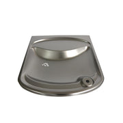 Stainless steel basin with curved rim and drain outlet on the side.