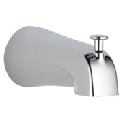Chrome tub spout with diverter lever and curved spout outlet for water flow direction.