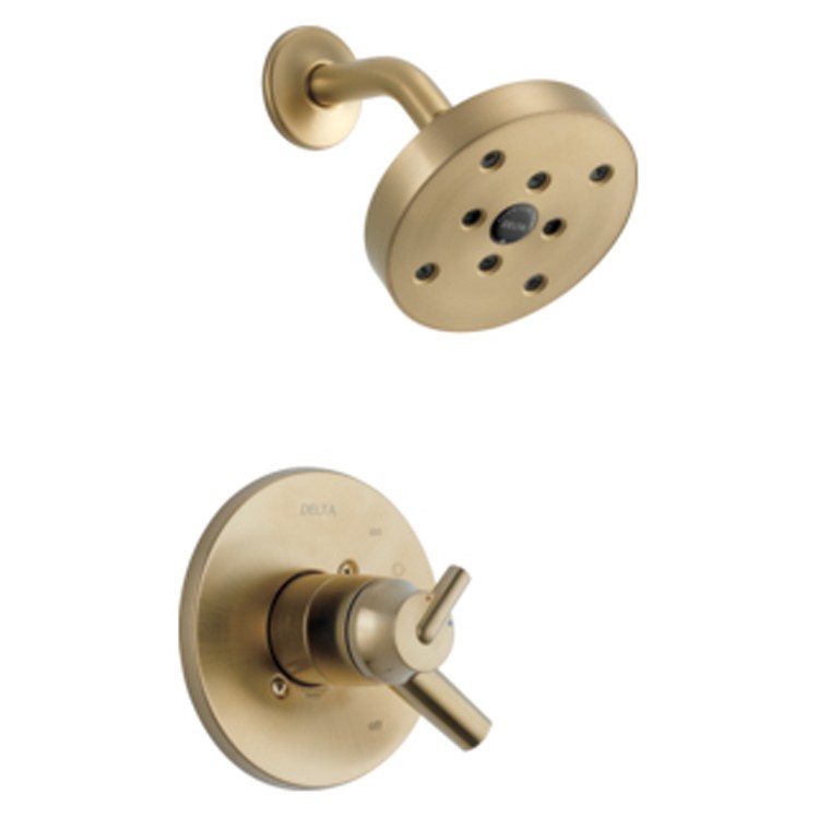 Champagne bronze shower trim with round showerhead featuring multiple spray jets and matching wall-mounted control valve with