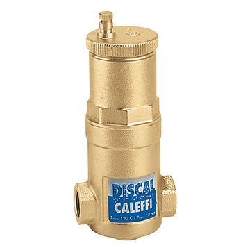 Brass air separator with 3/4 inch sweat connections and top vent valve.