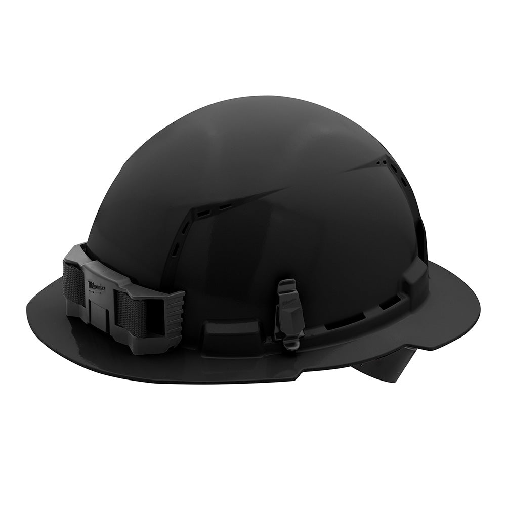 Black full brim hard hat with ratcheting suspension system and side vents.