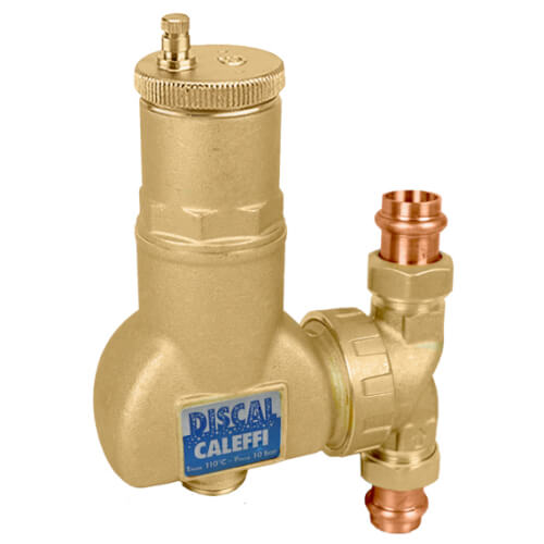 Brass air separator with rotating collar, small vent valve on top, and copper connection ports, labeled DISCAL CALEFFI.