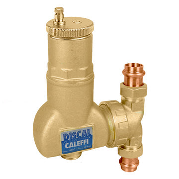 Brass air separator with rotating collar, small vent valve on top, and copper sweat union connections on bottom.