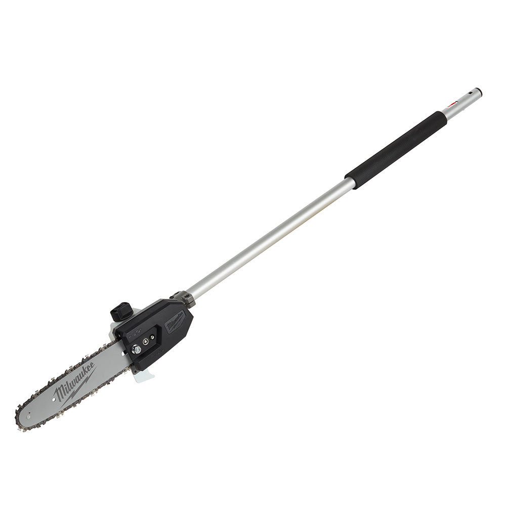 Milwaukee M18 FUEL pole saw attachment with 10 inch bar, aluminum shaft, and black grip handle.