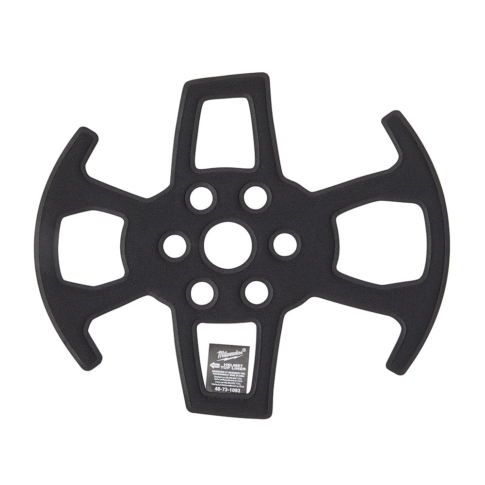 Black safety helmet liner with ventilation holes and curved ear flaps for hard hat attachment.