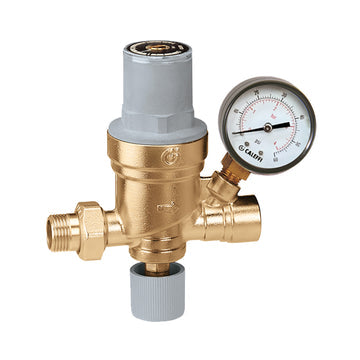 Brass AutoFill valve with gray plastic cap, attached pressure gauge, and male/female threaded connections.