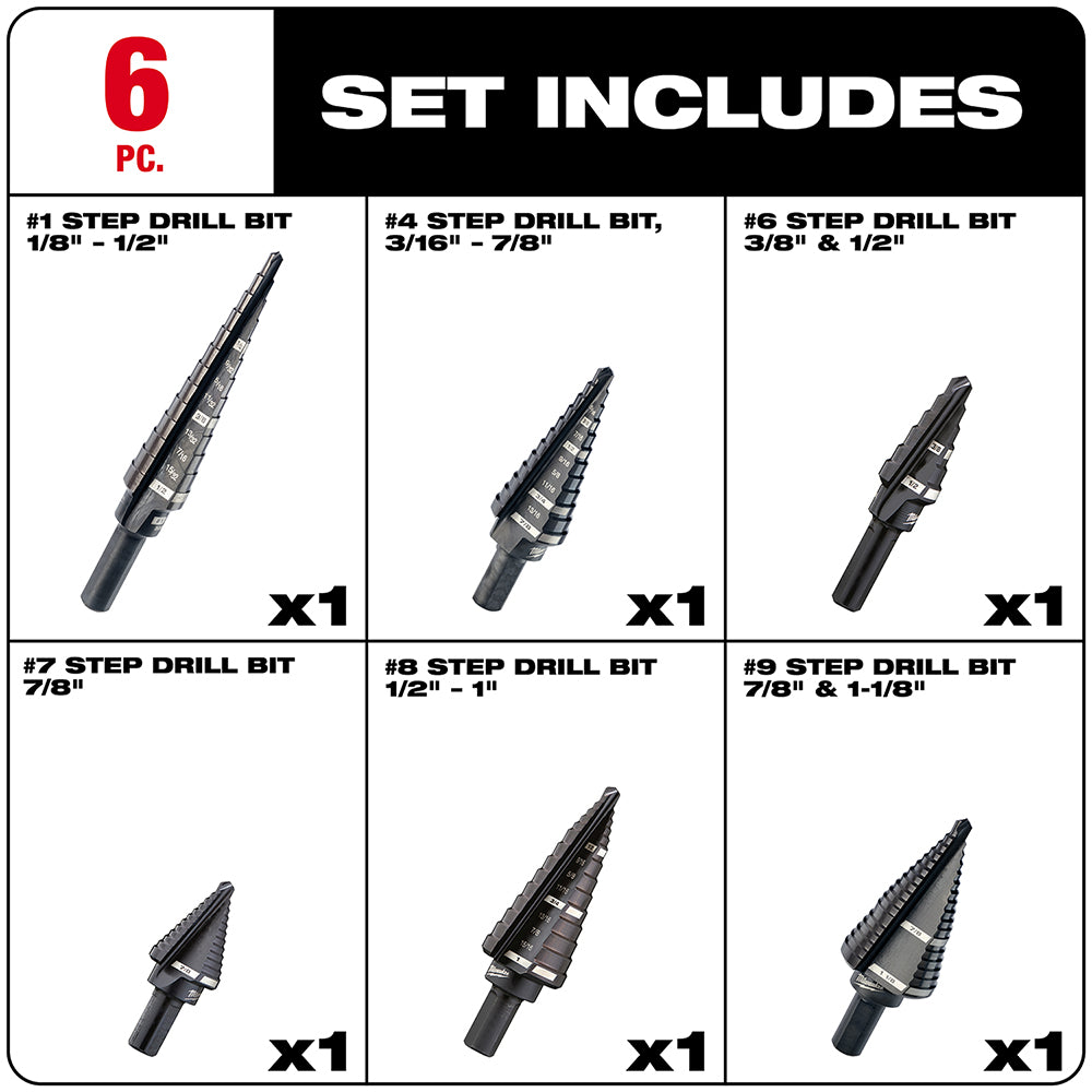 Six black step drill bits arranged in a grid showing different sizes from 1/8" to 1-1/8".