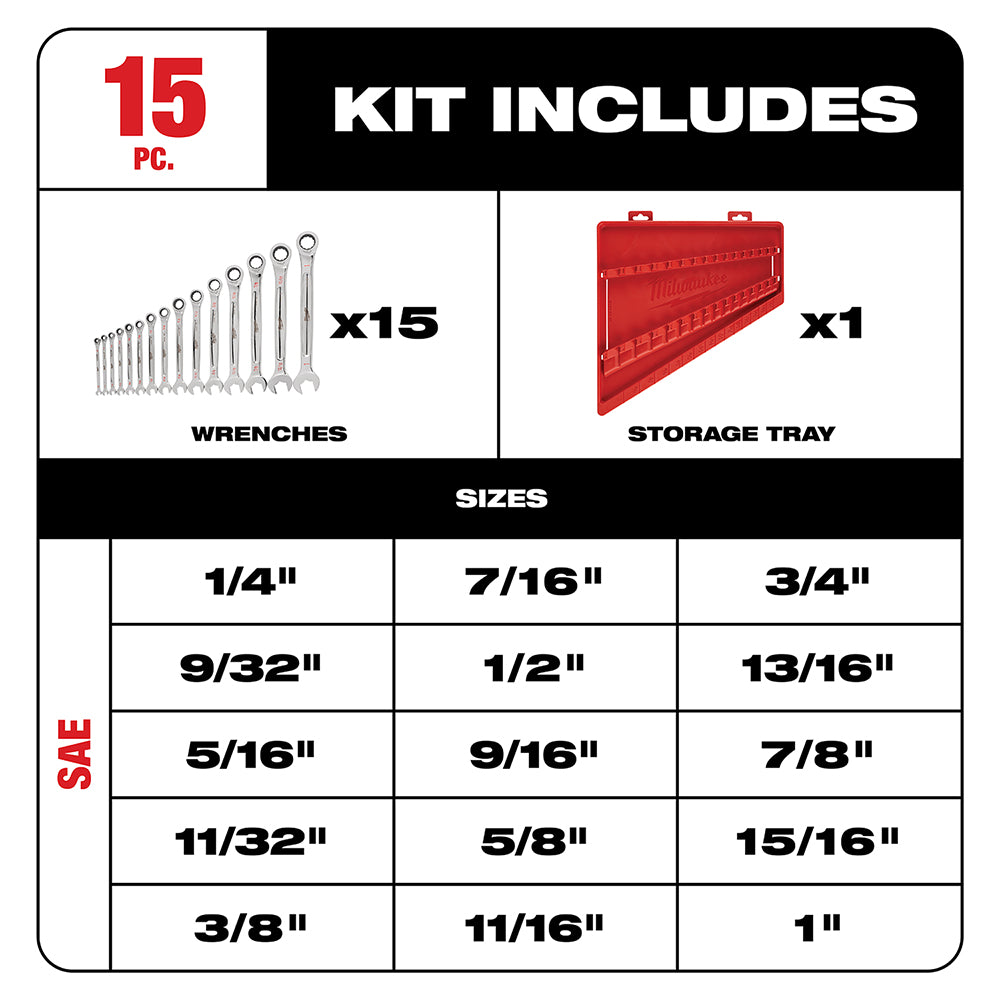 Fifteen ratcheting combination wrenches in SAE sizes ranging from 1/4" to 1" and red storage tray.