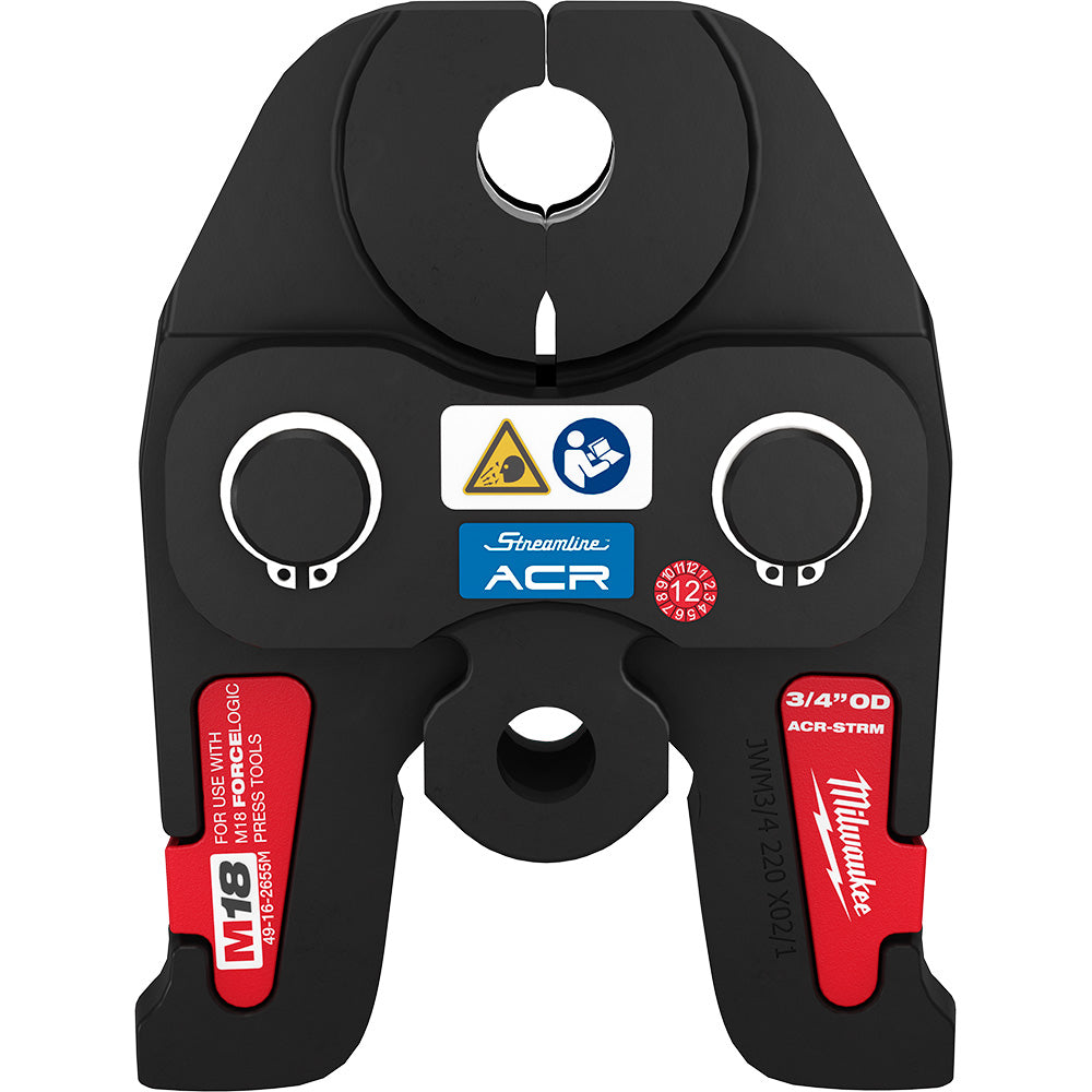 Black and red Milwaukee Streamline ACR press jaw with 3/4" opening and mounting holes for M18 FORCE LOGIC press tools.