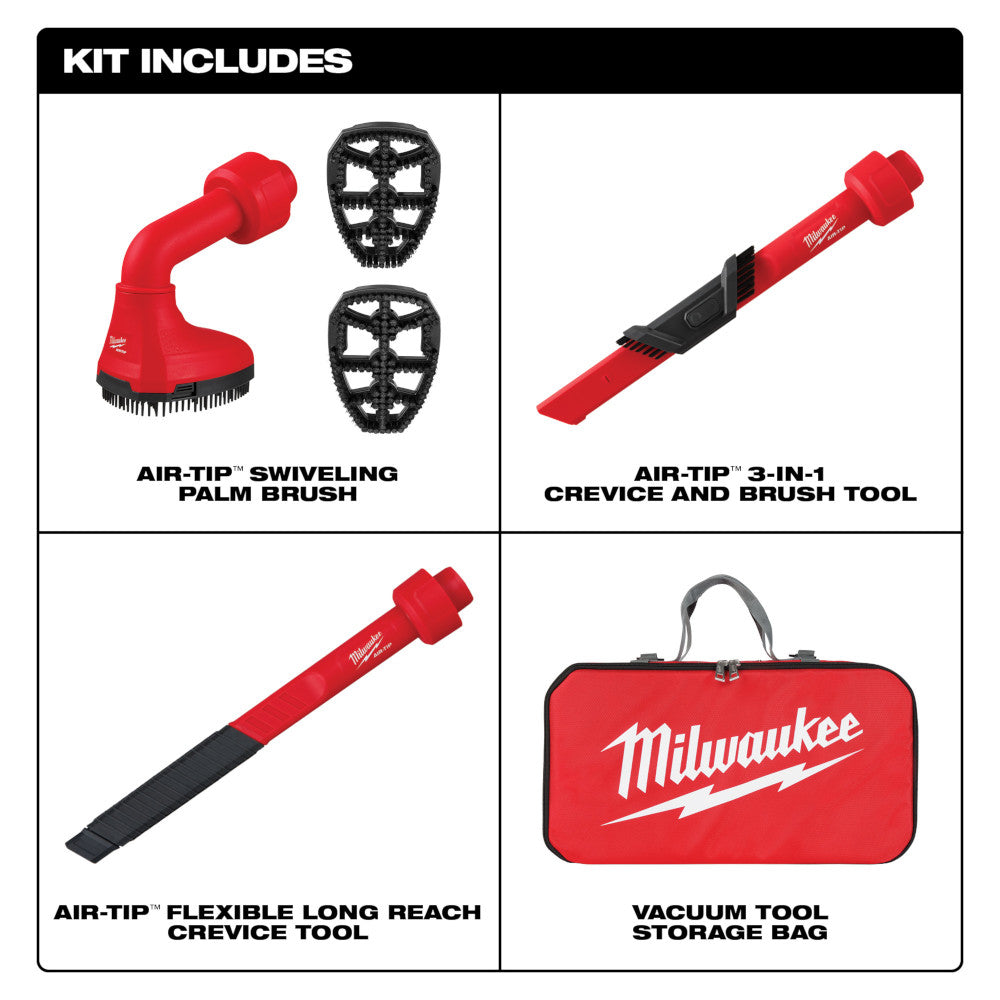 Three-piece automotive vacuum tool kit including swiveling palm brush, 3-in-1 crevice and brush tool, flexible crevice tool, 