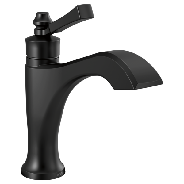 Black single-handle bathroom faucet with curved spout and lever control.
