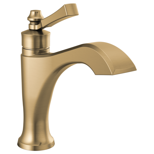 Champagne bronze single-handle bathroom faucet with curved spout and lever handle on tall base.