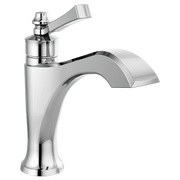Chrome single-handle bathroom faucet with lever handle and curved spout.