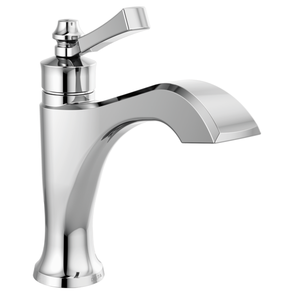 Chrome single-handle bathroom faucet with lever handle and curved spout.