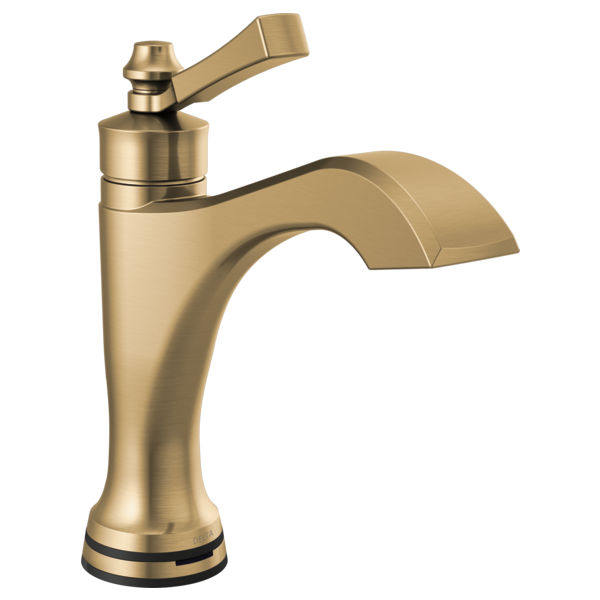 Champagne bronze bathroom faucet with curved spout, single lever handle, and round base with accent bands.