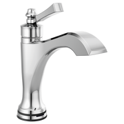 Chrome bathroom faucet with curved spout and single lever handle on cylindrical base.