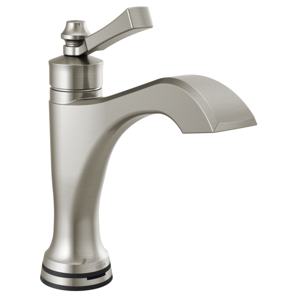 Brushed nickel bathroom faucet with curved spout and single lever handle on circular base.