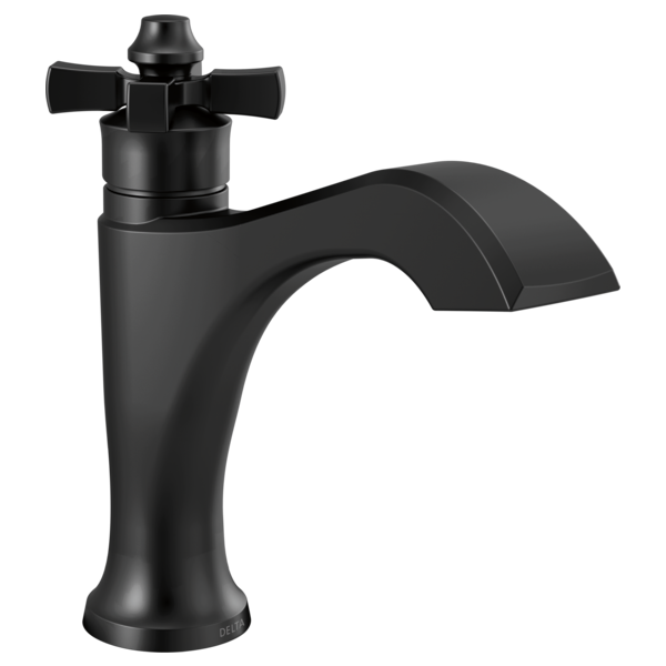 Black single-handle bathroom faucet with cross handles, curved spout, and pop-up drain assembly.