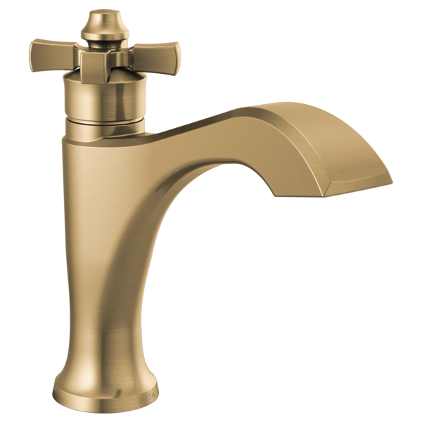 Brushed gold single-handle bathroom faucet with cross handles and curved spout.