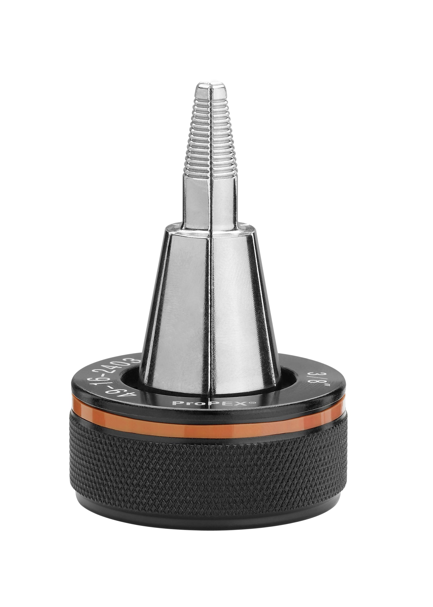 Silver ProPEX expansion head with tapered cone tip and black textured base with orange band.