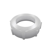 White plastic slip joint nut with grooved exterior and hollow center opening.
