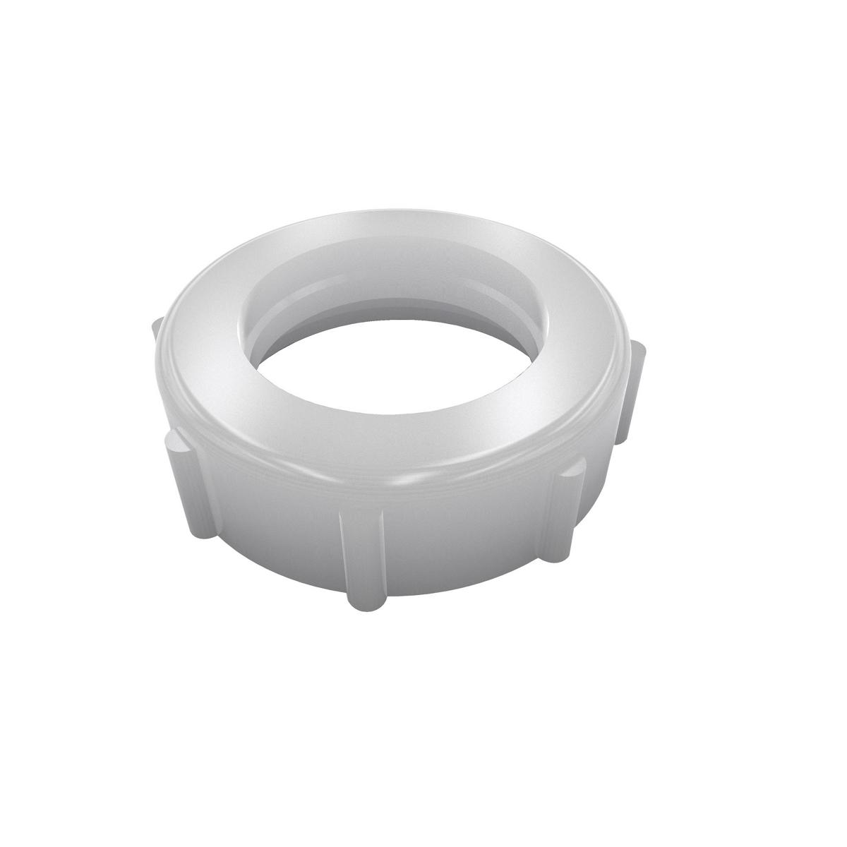White plastic slip joint nut with grooved exterior and hollow center opening.
