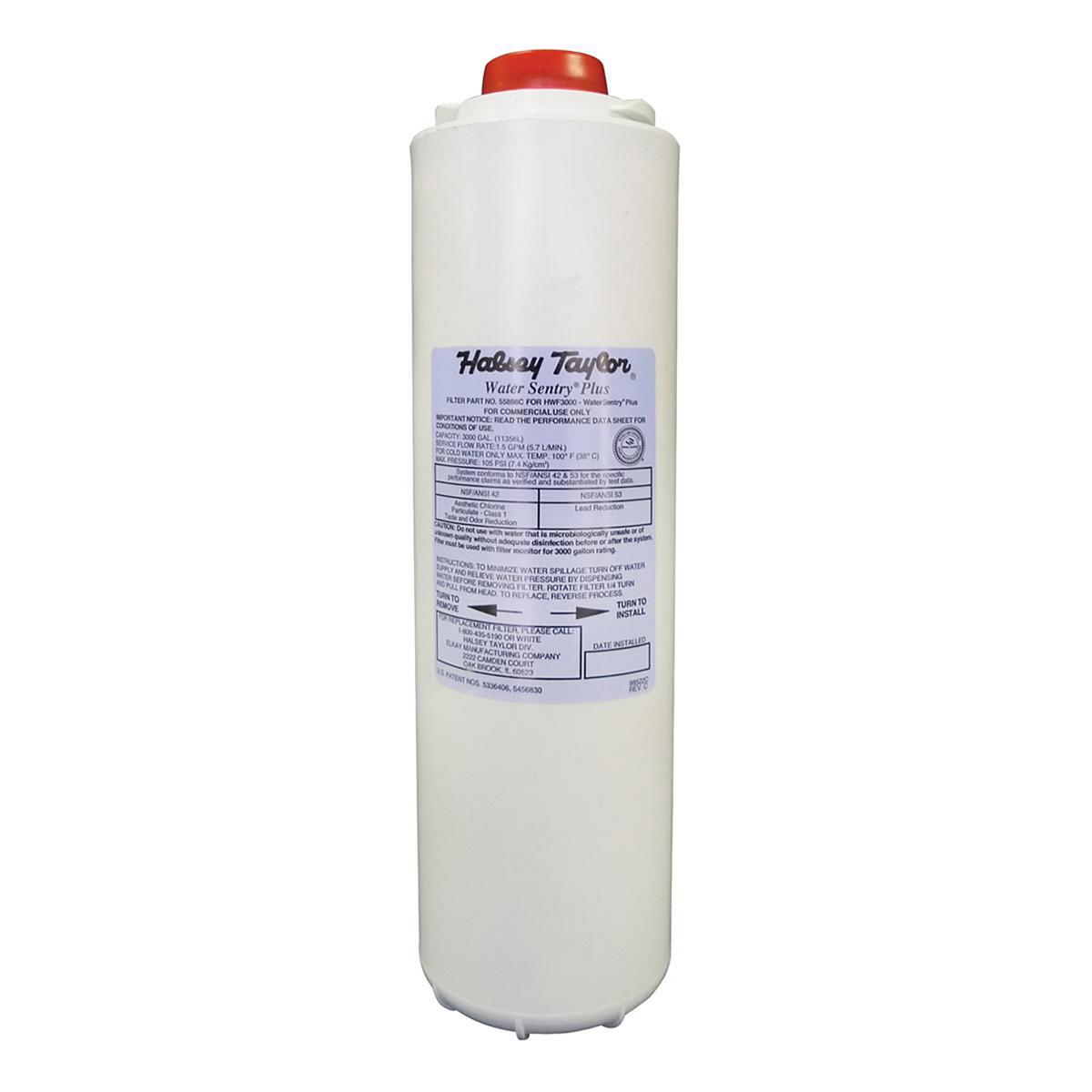 White cylindrical Halsey Taylor WaterSentry Plus replacement filter with red cap and product label.